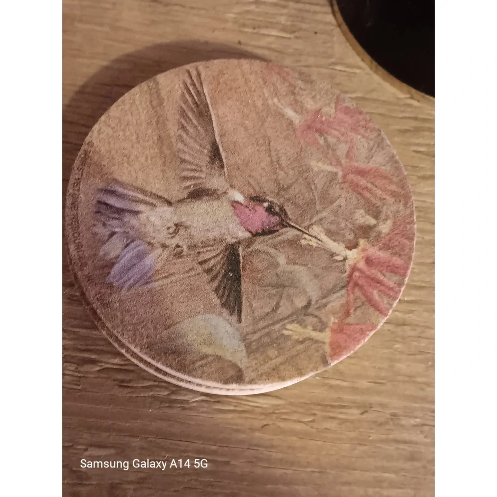Hummingbird Stone Coasters Set of 4 Round Sandstone Cork Back Floral Drink